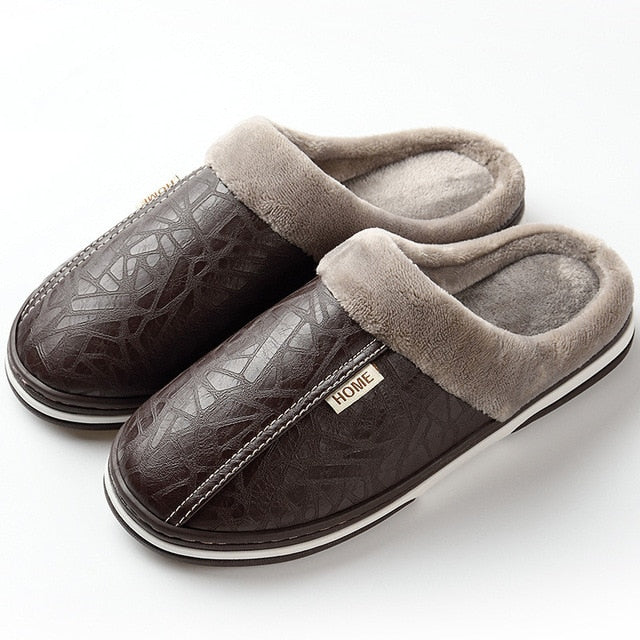 Thick Waterproof Leather Plush Lined Indoor House Slippers