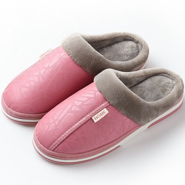 Thick Waterproof Leather Plush Lined Indoor House Slippers