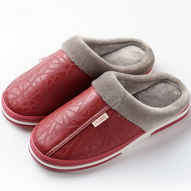 Thick Waterproof Leather Plush Lined Indoor House Slippers