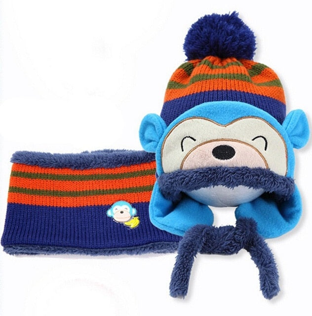 Toddler's Cartoon Monkey Ear Flap Winter Beanie & Scarf