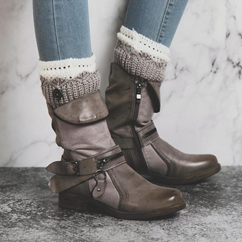 Women's Leather Velvet Zip-Up Ankle Boots