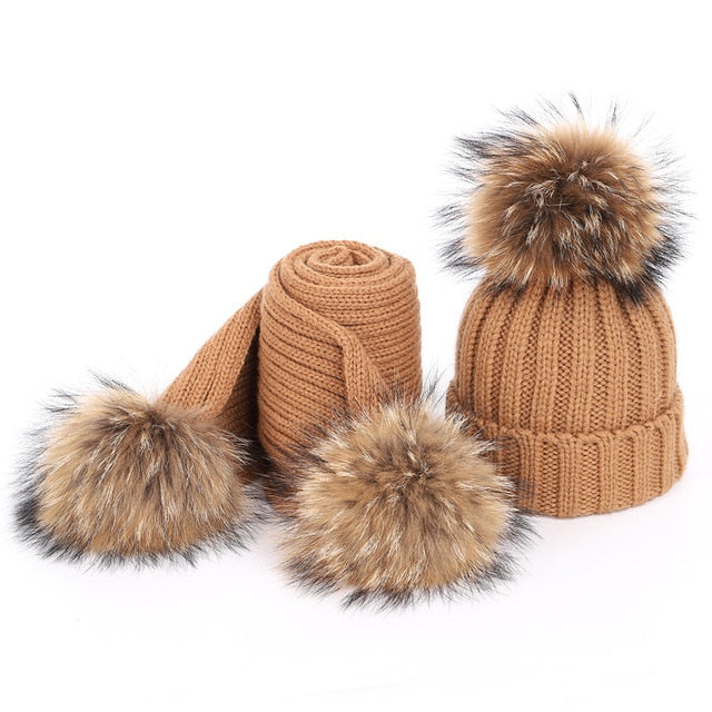 Women's Fur PomPom Cotton Knitted Beanie and Scarf