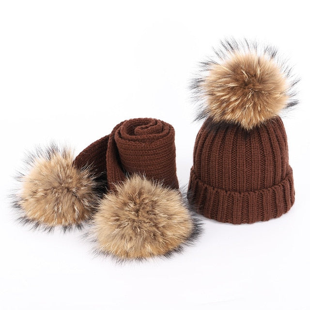 Women's Fur PomPom Cotton Knitted Beanie and Scarf