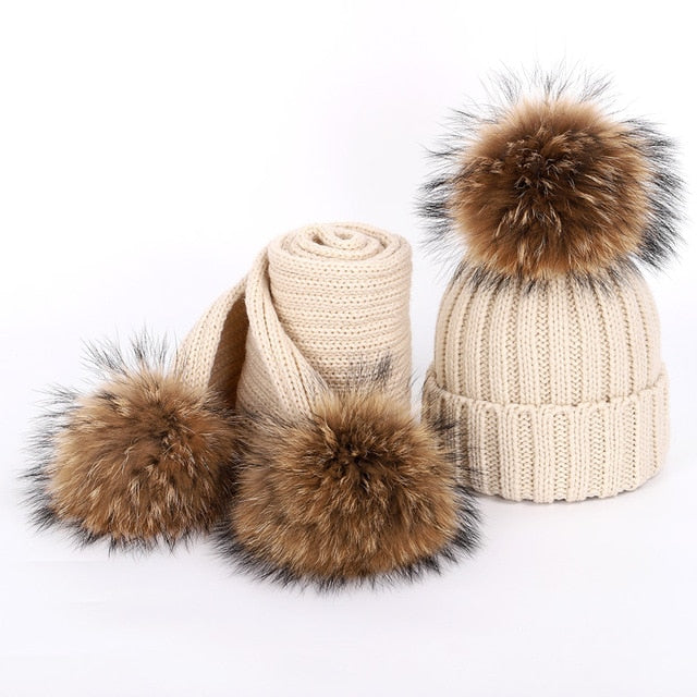 Women's Fur PomPom Cotton Knitted Beanie and Scarf