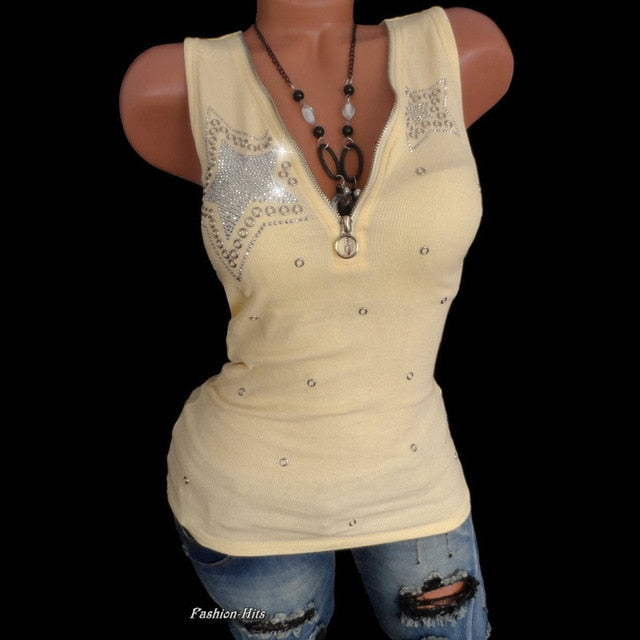 Women's Beaded Cotton Zipper V Neck Sleeveless Top