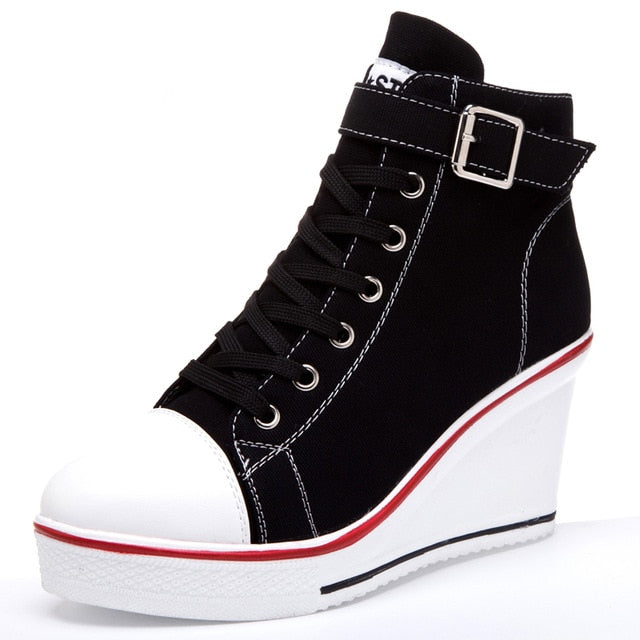 Women's Denim Ankle Lace-Up Canvas Sneaker High Heel Wedges
