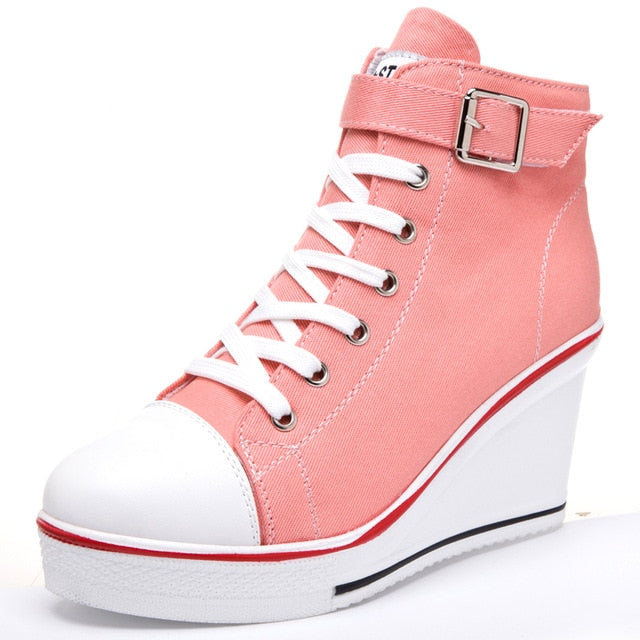 Women's Denim Ankle Lace-Up Canvas Sneaker High Heel Wedges