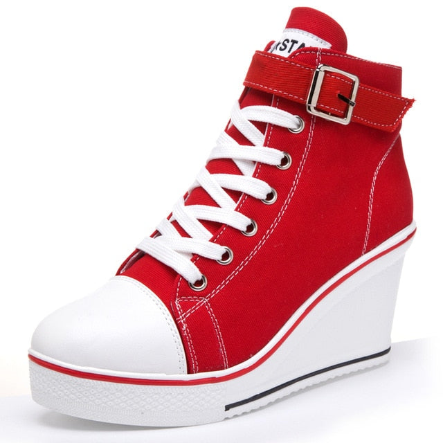 Women's Denim Ankle Lace-Up Canvas Sneaker High Heel Wedges