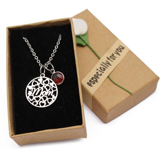 Women's Round Love Heart Mom Necklace with Crystal Birthstone Pendant