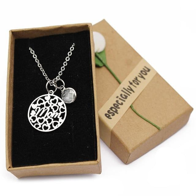 Women's Round Love Heart Mom Necklace with Crystal Birthstone Pendant