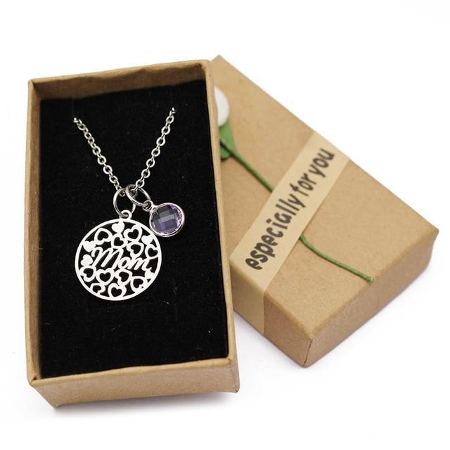 Women's Round Love Heart Mom Necklace with Crystal Birthstone Pendant