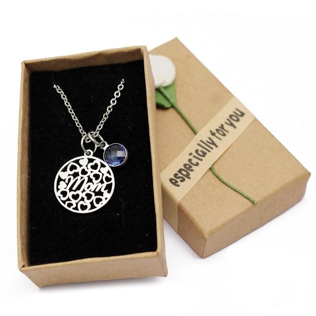 Women's Round Love Heart Mom Necklace with Crystal Birthstone Pendant