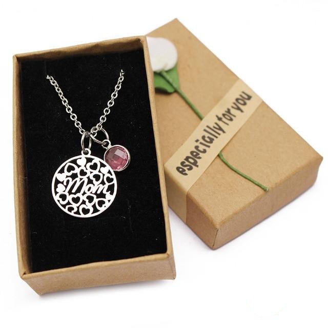 Women's Round Love Heart Mom Necklace with Crystal Birthstone Pendant