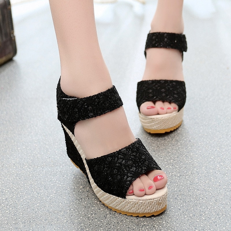 Women's Lace Peep Toe Wedge Sandals