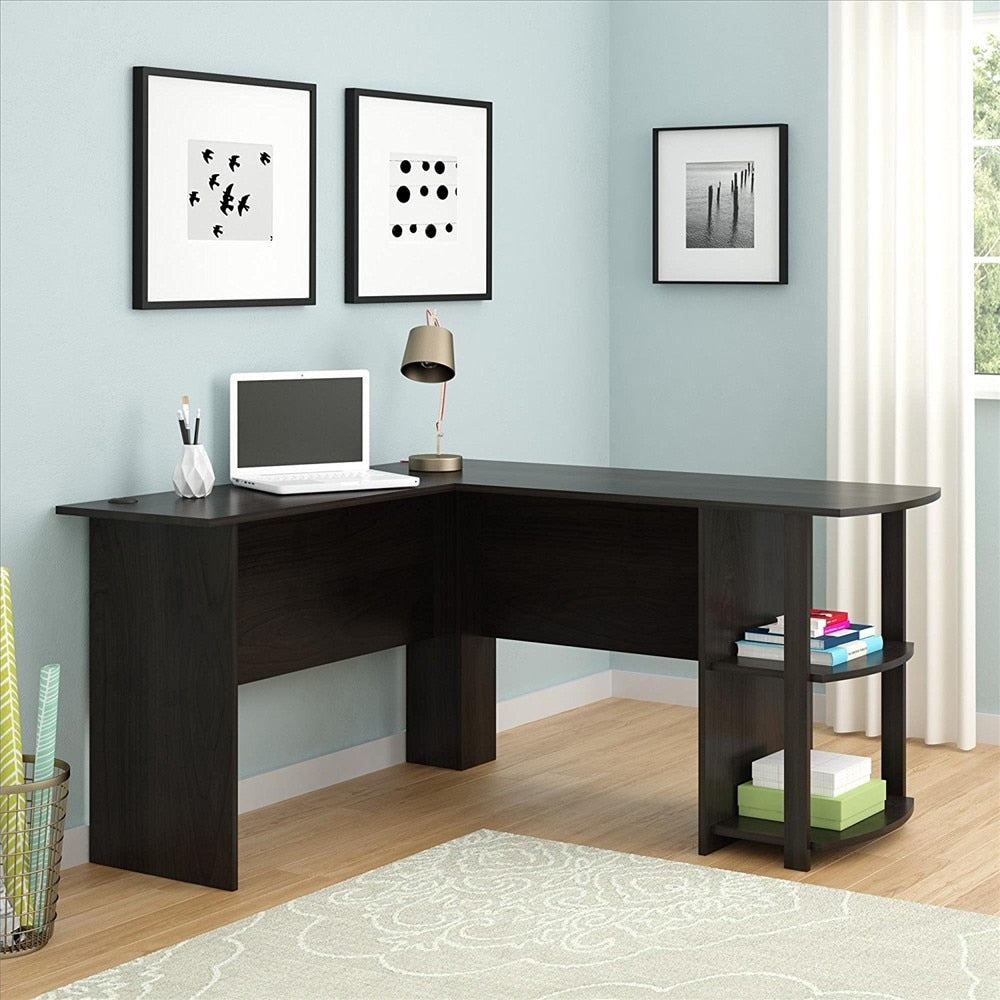 Wooden L-Shape Home Office Computer Desk with Shelves