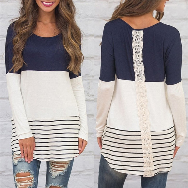 Women's Lace Stripe Long Sleeve Tunic