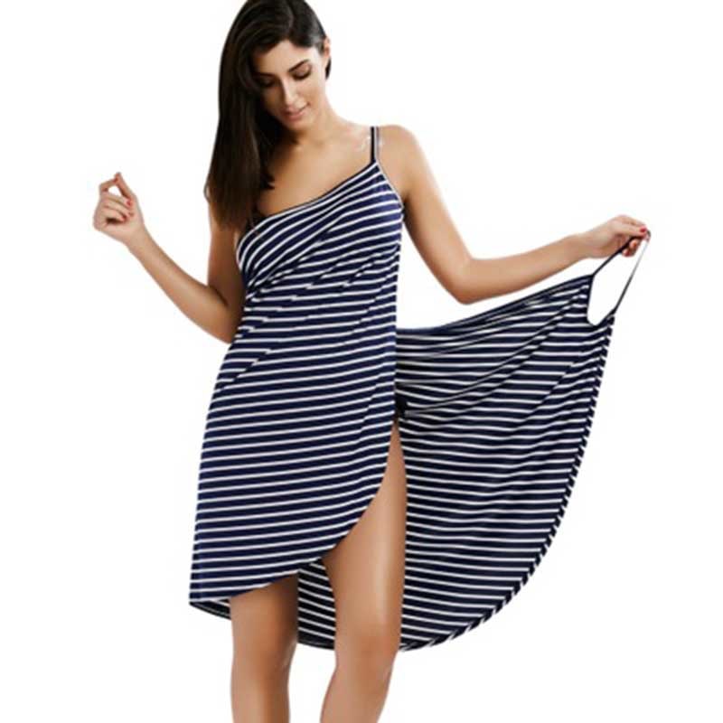 Women's Sexy Backless Striped  V-neck Spaghetti Strap Cover ups Beach Dress