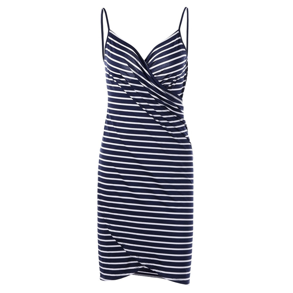 Women's Sexy Backless Striped  V-neck Spaghetti Strap Cover ups Beach Dress