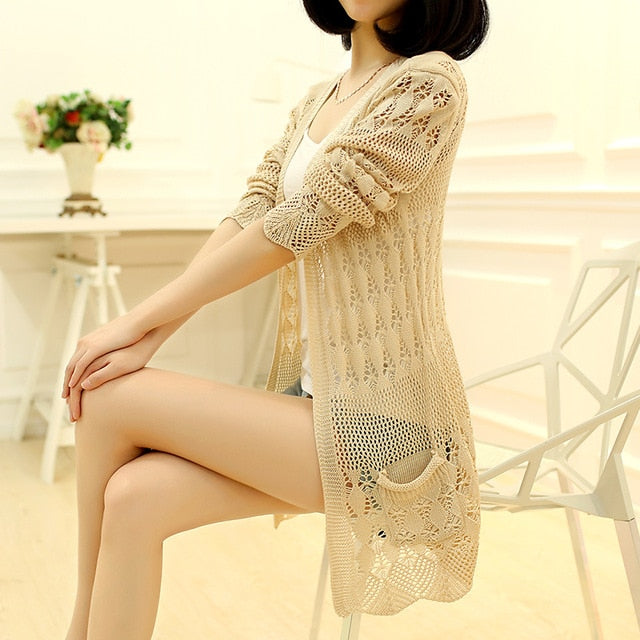 Women's Knitted Loose Cardigan with Pocket & Hollow Long Sleeves