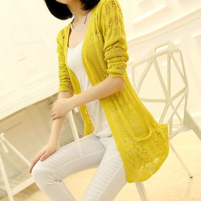 Women's Knitted Loose Cardigan with Pocket & Hollow Long Sleeves