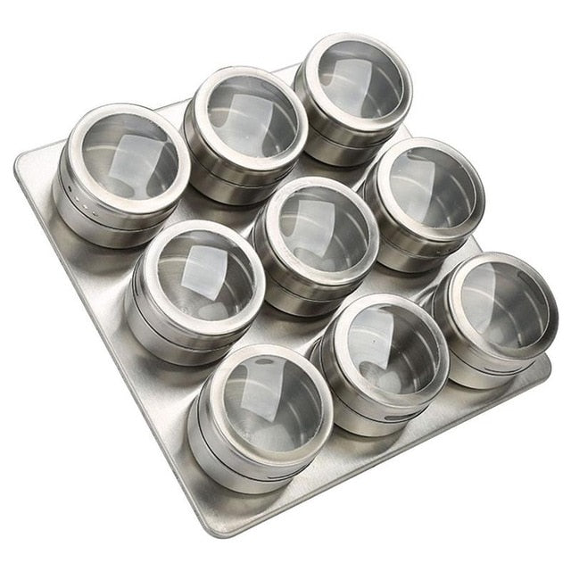 Stainless Steel Magnetic Spice Jar Holder Box Set