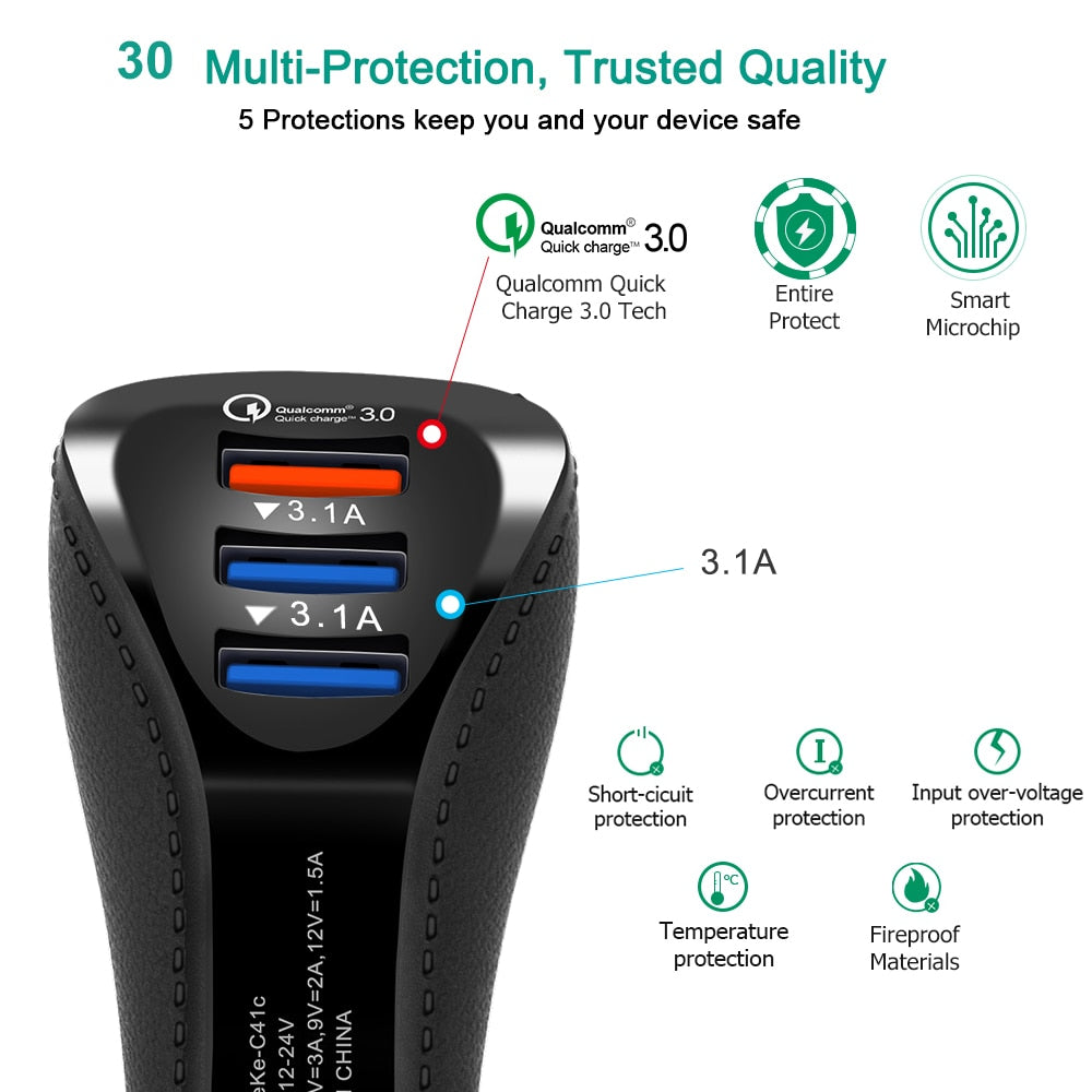 QC3.0 3-Port USB Charging Car Lighter Adapter