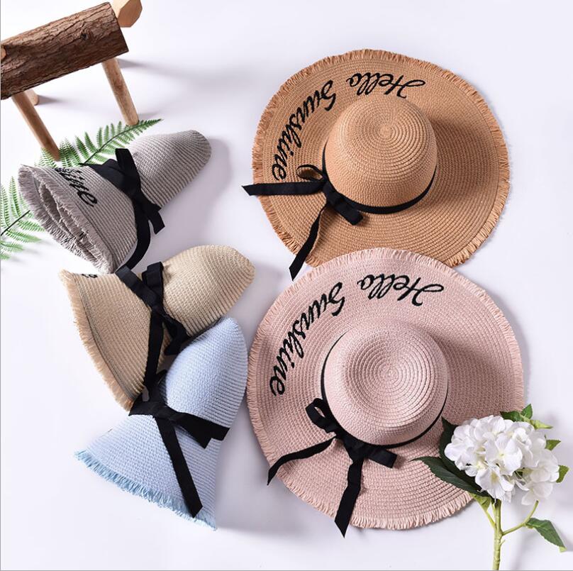 Women's Handmade Straw Woven Black Ribbon Large Brim Hat