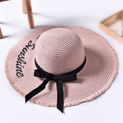 Women's Handmade Straw Woven Black Ribbon Large Brim Hat