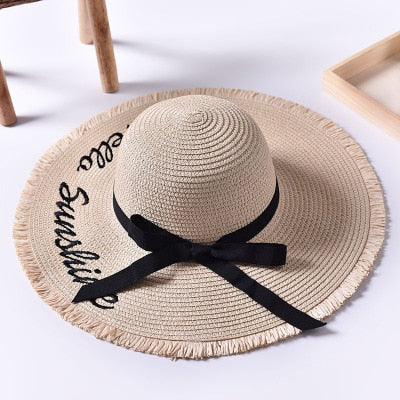 Women's Handmade Straw Woven Black Ribbon Large Brim Hat