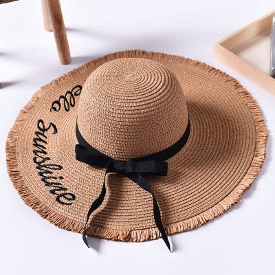 Women's Handmade Straw Woven Black Ribbon Large Brim Hat