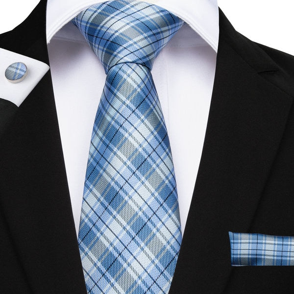 Men's Handmade Silk Plaid Fashion Necktie with Cufflinks and Handkerchief