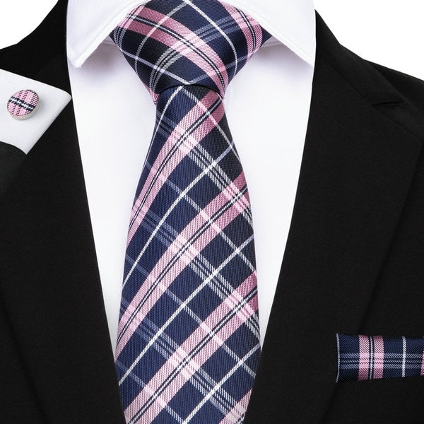 Men's Handmade Silk Plaid Fashion Necktie with Cufflinks and Handkerchief