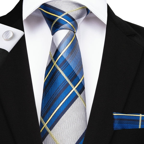 Men's Handmade Silk Plaid Fashion Necktie with Cufflinks and Handkerchief