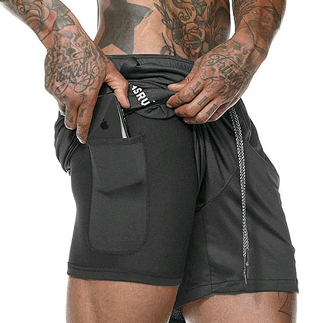 Men's Quick-Dry Elastic Fitness Double Layer Pocket Shorts