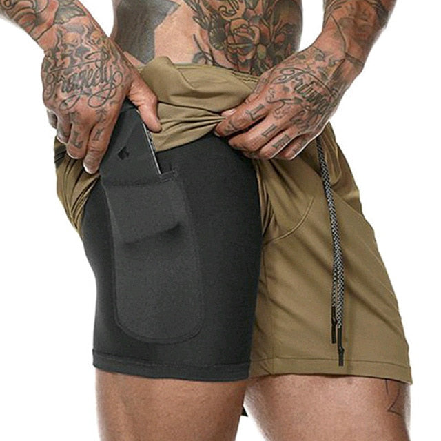 Men's Quick-Dry Elastic Fitness Double Layer Pocket Shorts