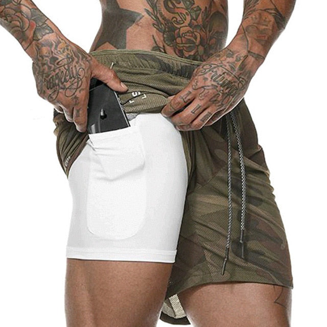 Men's Quick-Dry Elastic Fitness Double Layer Pocket Shorts