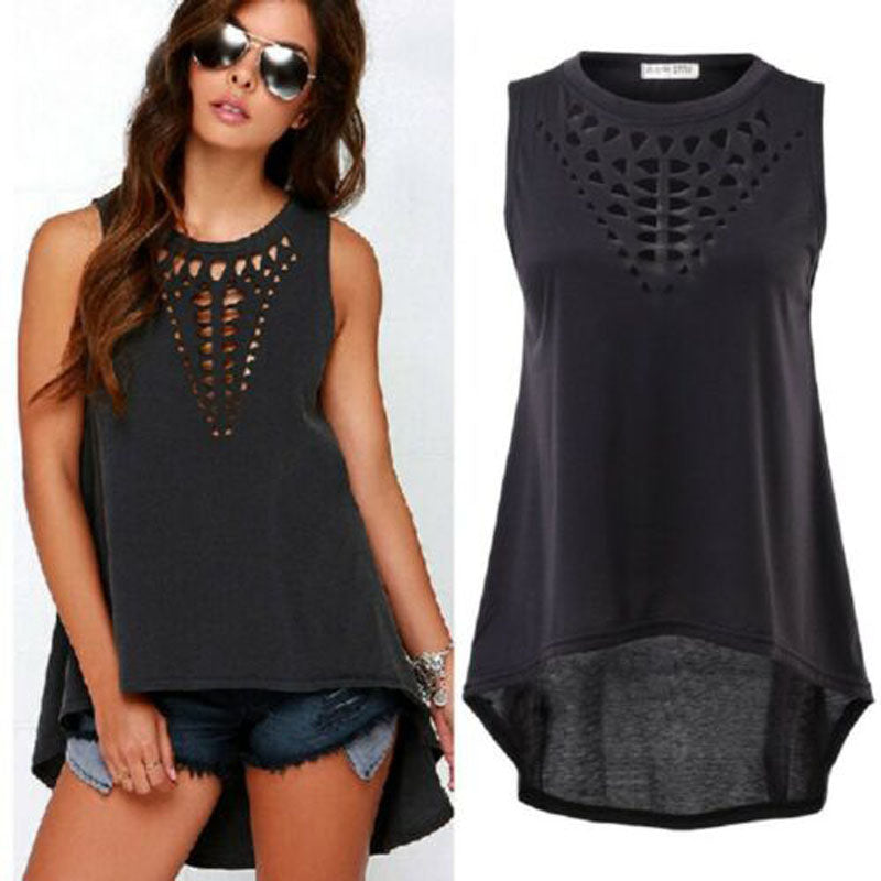 Women's Hollow Sleeveless Black O-neck Blouse