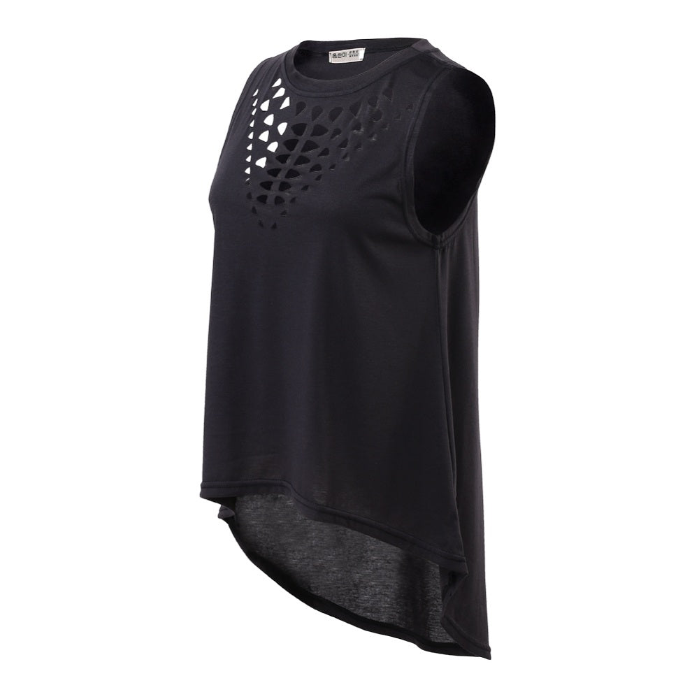 Women's Hollow Sleeveless Black O-neck Blouse