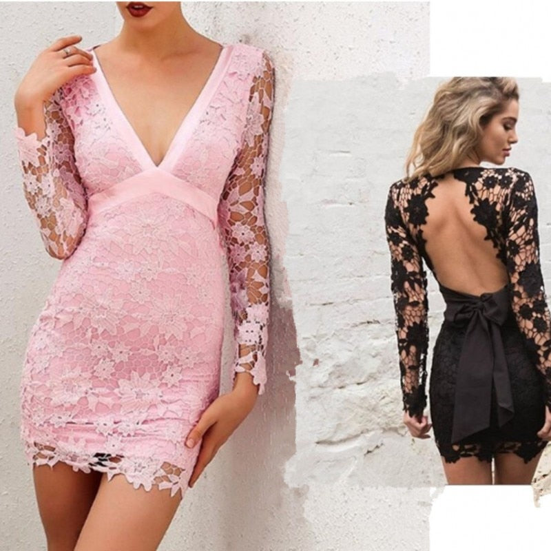 Women's Elegant Sexy Lace Long Sleeve V-Neck Dress