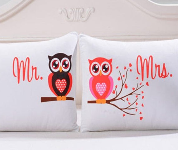 Romantic Owls Couples Pillow Case Set