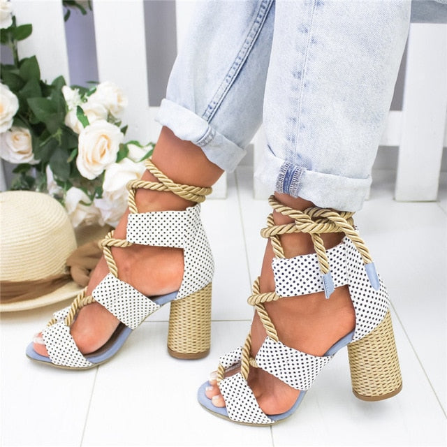 Women's Hemp Laced Espadrilles Heeled Sandals