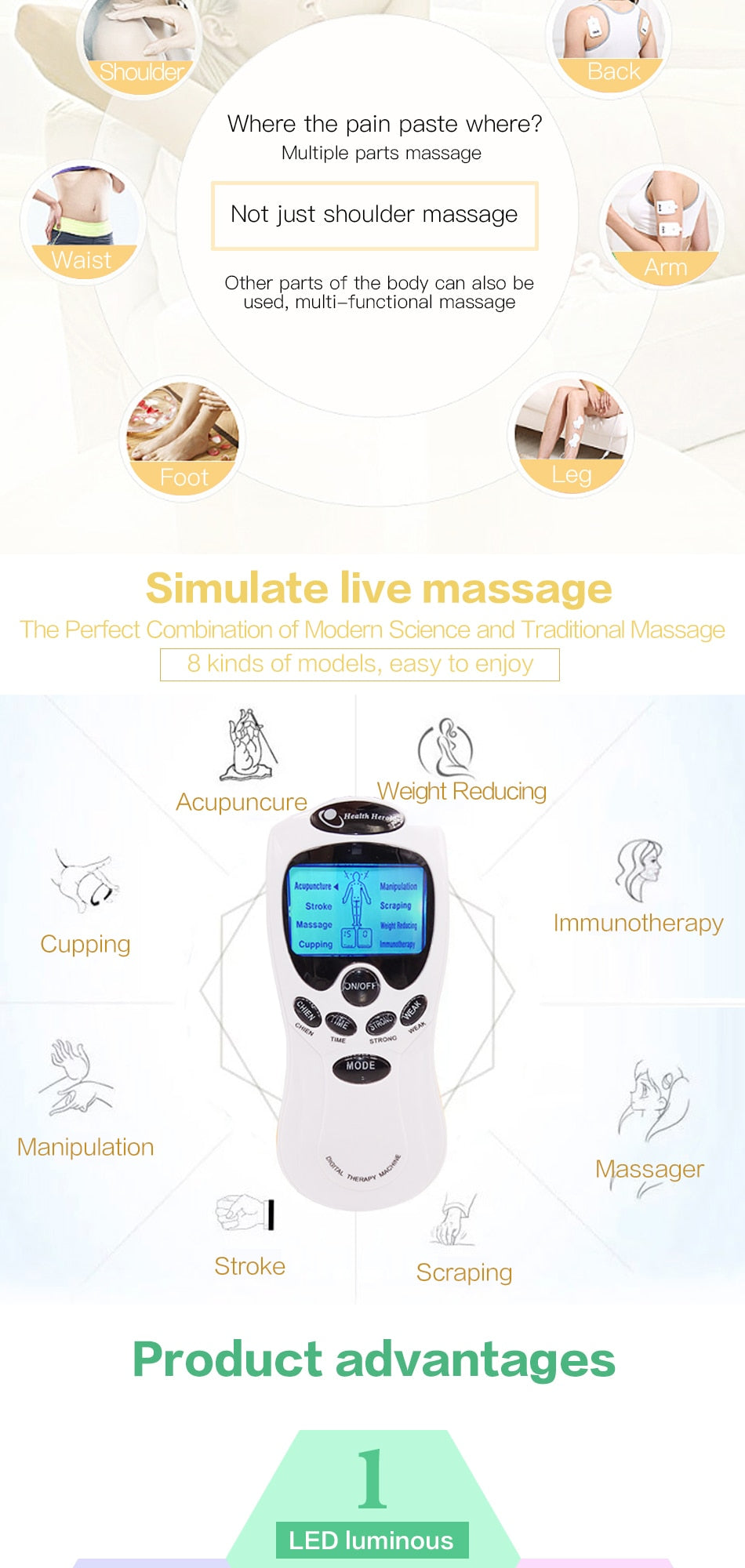 Electric 8 Pad Acupuncture Massage Therapy Device with Digital LCD Display