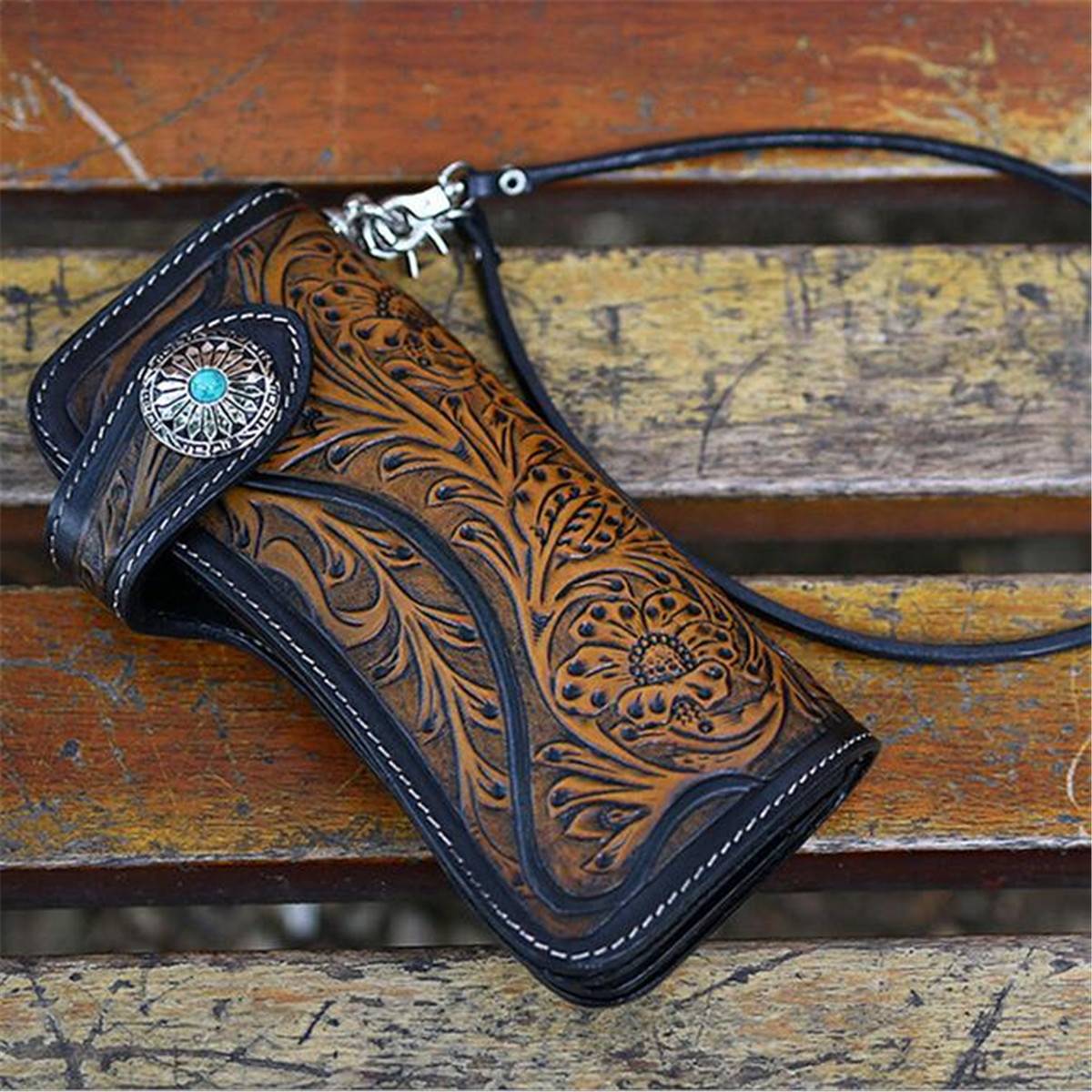 Genuine Leather Handmade Vintage Clutch Wallet with Chain
