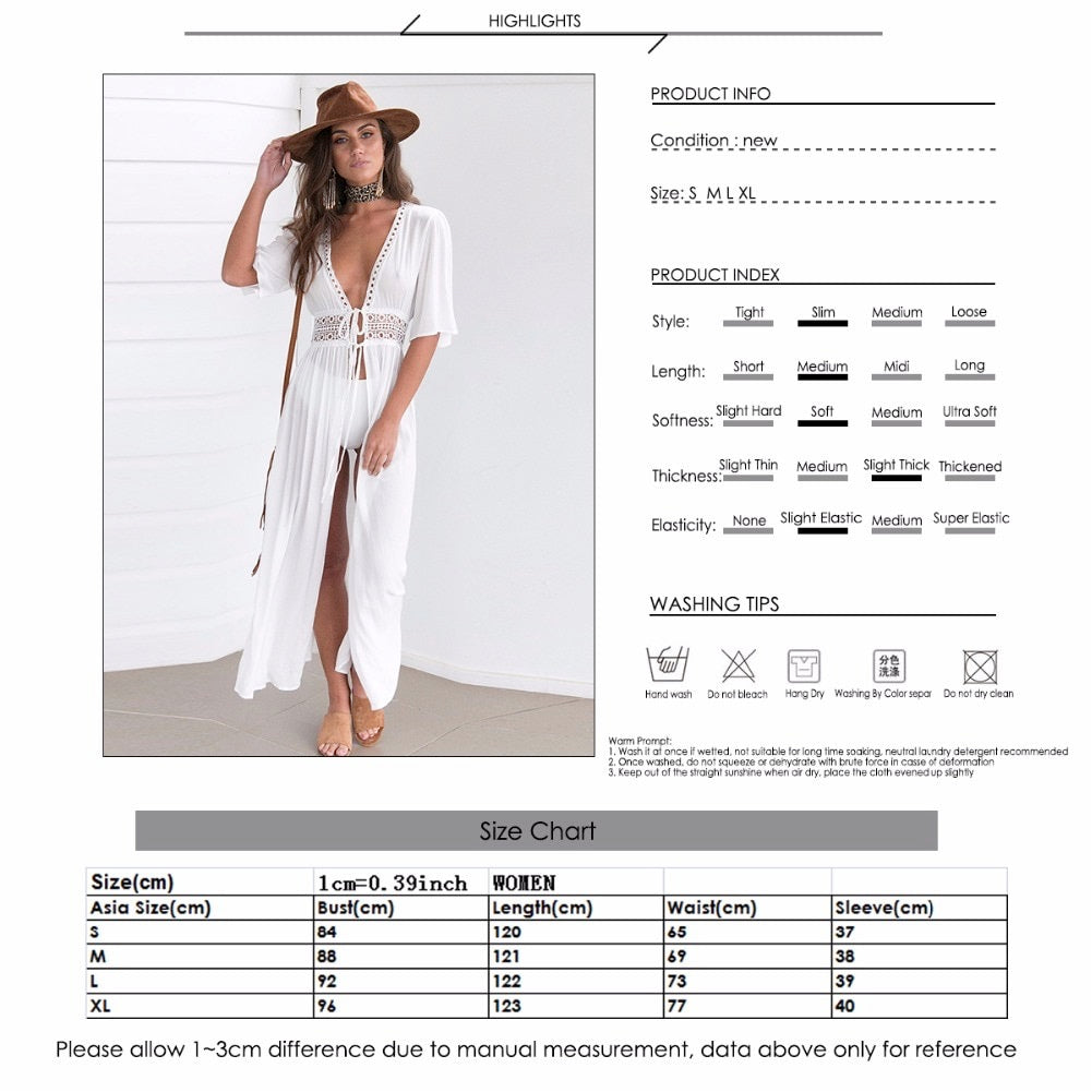 Women's Solid White Maxi V-Neck Kimono