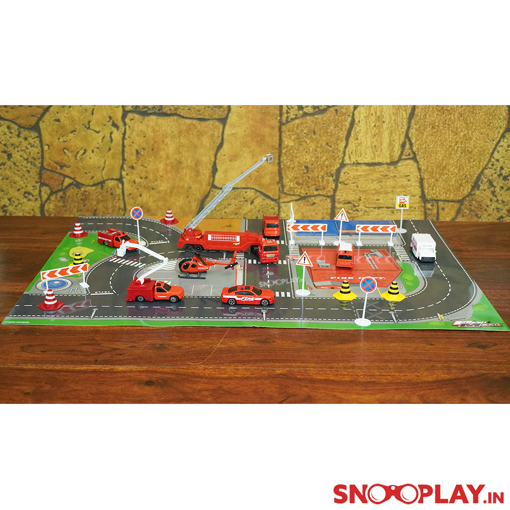 Fire Department Play Set - With Diecast Metal Cars, Trucks, Helicopter and Playmat