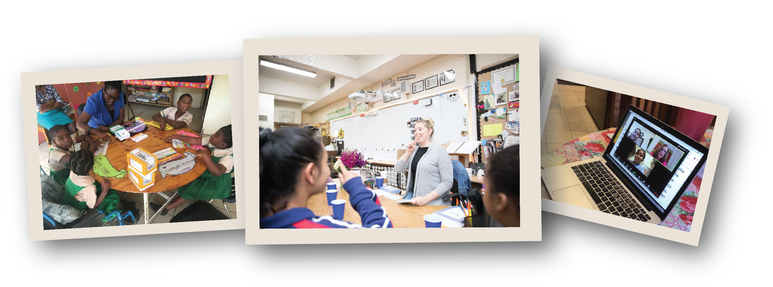 3 photos of teachers and children working together