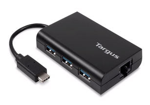 A black Targus USB hub with 3 USB ports 