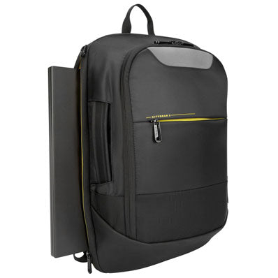 A sleek Targus backpack with a laptop sliding into a side pouch