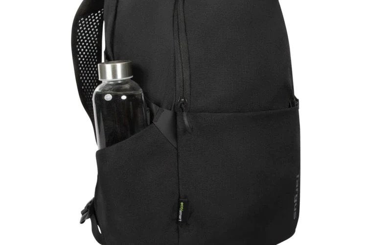 the Targus zero waste backpack’s side water bottle pocket