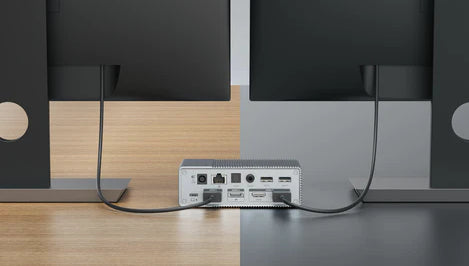 An alt-mode docking station connected to two computer monitors